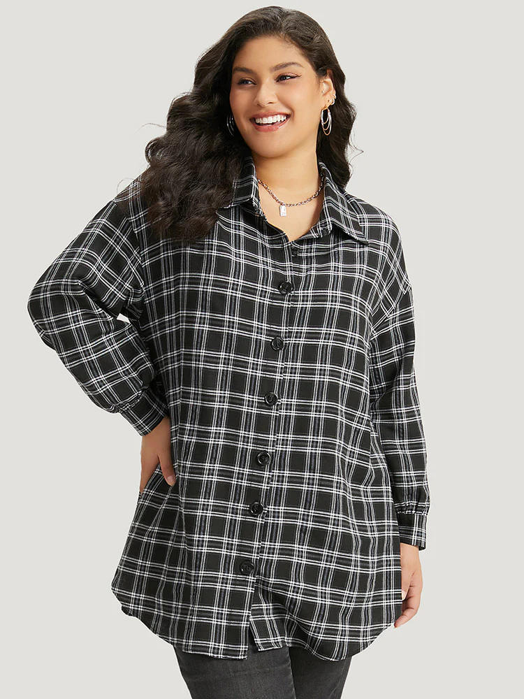 Plaid Button Fly Curved Hem Shirt Collar Coat - Image 5