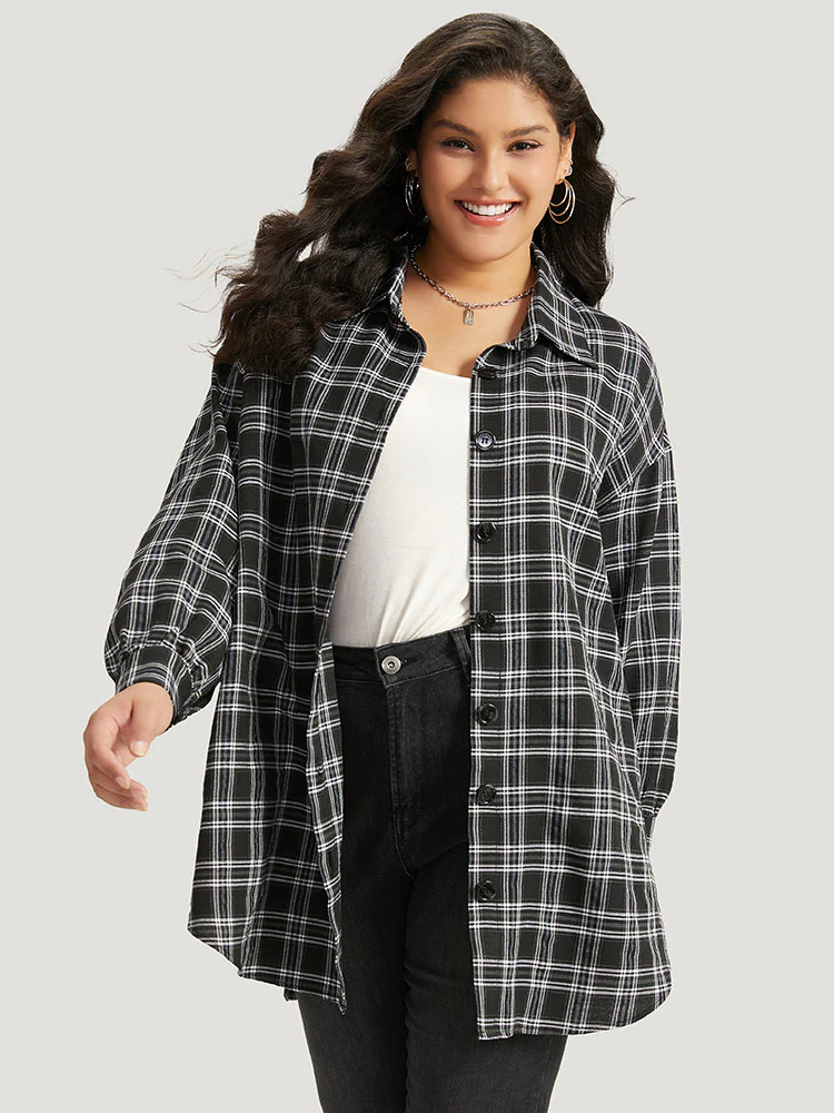 Plaid Button Fly Curved Hem Shirt Collar Coat - Image 6