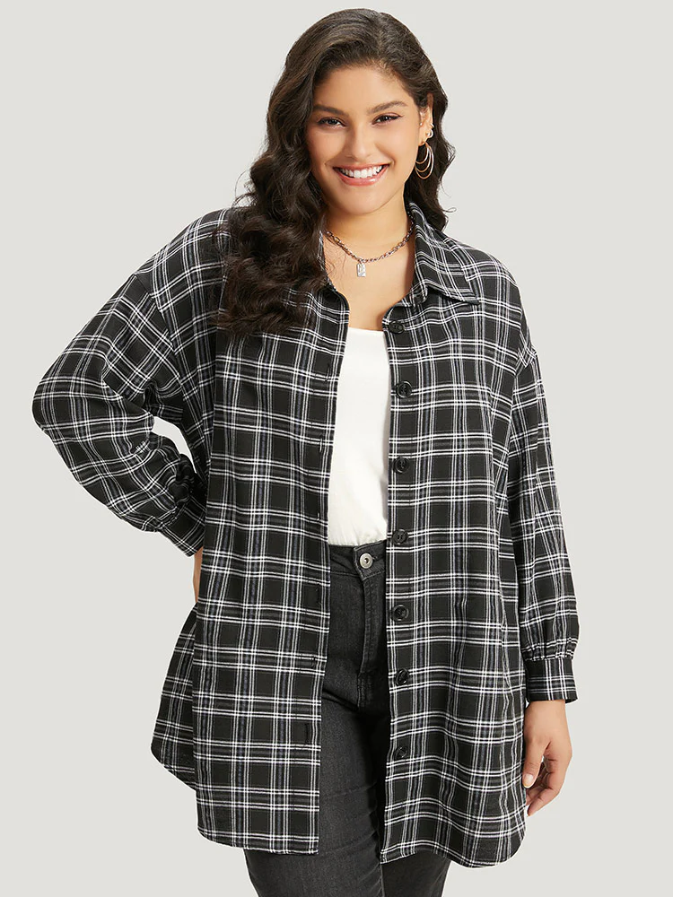 Plaid Button Fly Curved Hem Shirt Collar Coat - Image 7