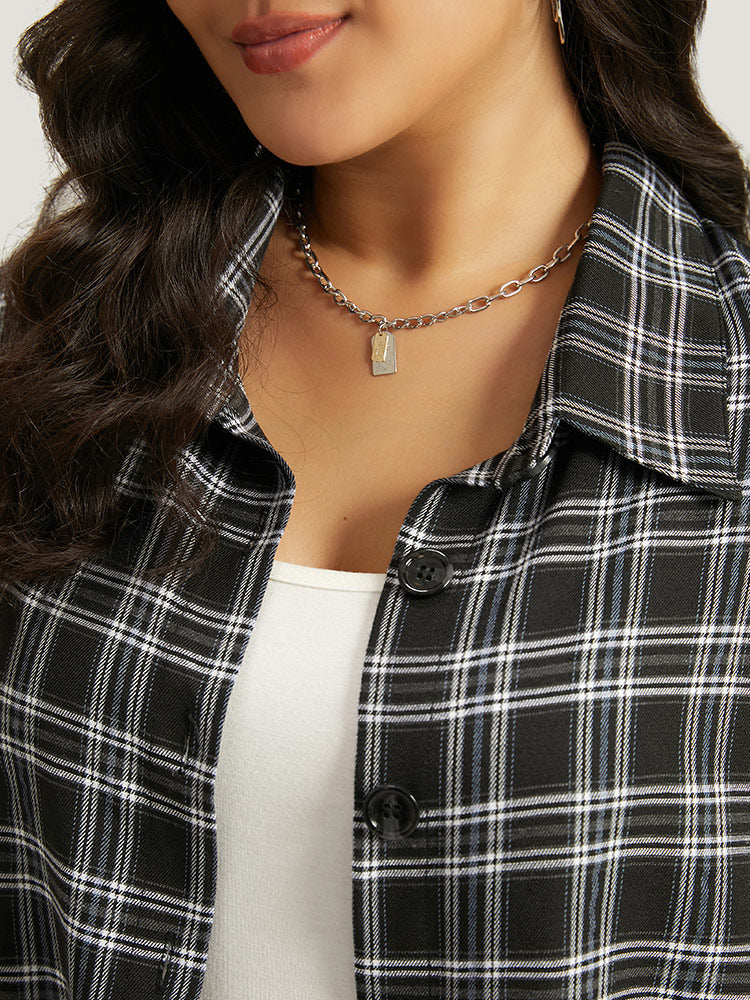 Plaid Button Fly Curved Hem Shirt Collar Coat - Image 8