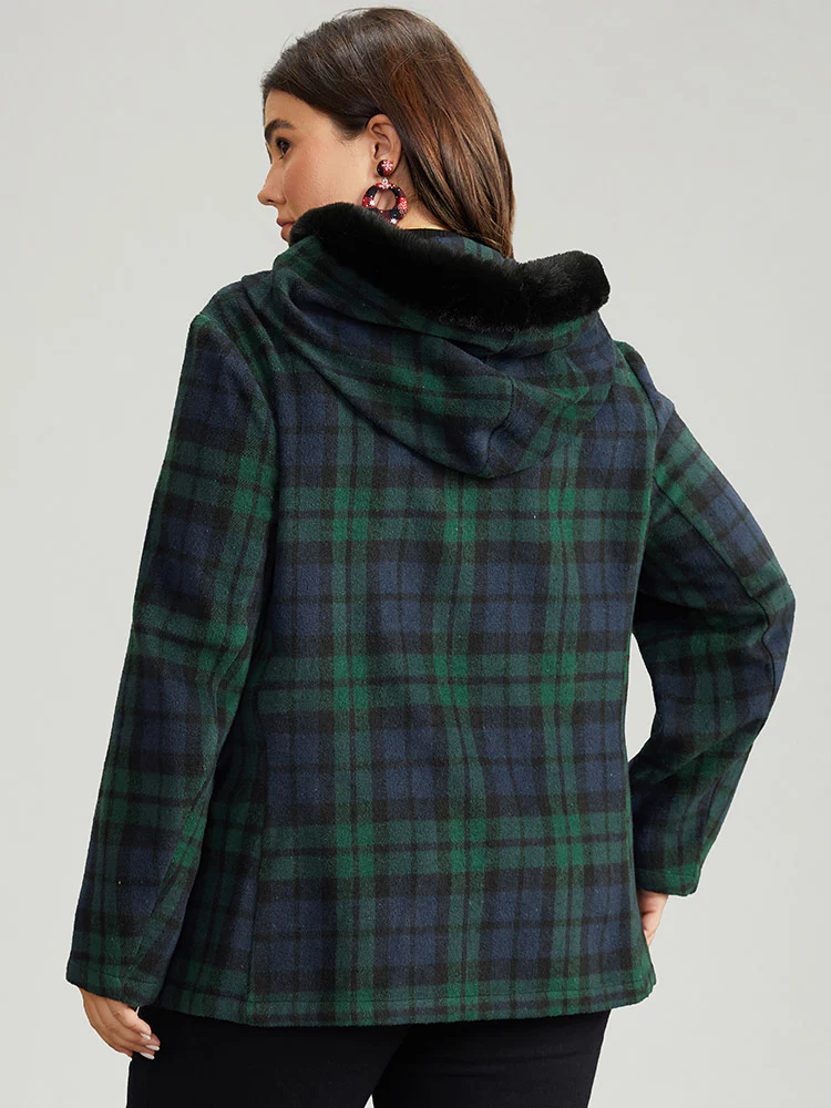 Plaid Button Fly Hooded Fuzzy Trim Coat - Image 2