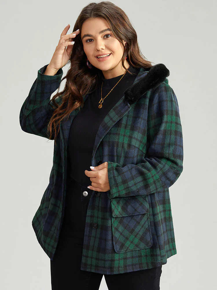 Plaid Button Fly Hooded Fuzzy Trim Coat - Image 3