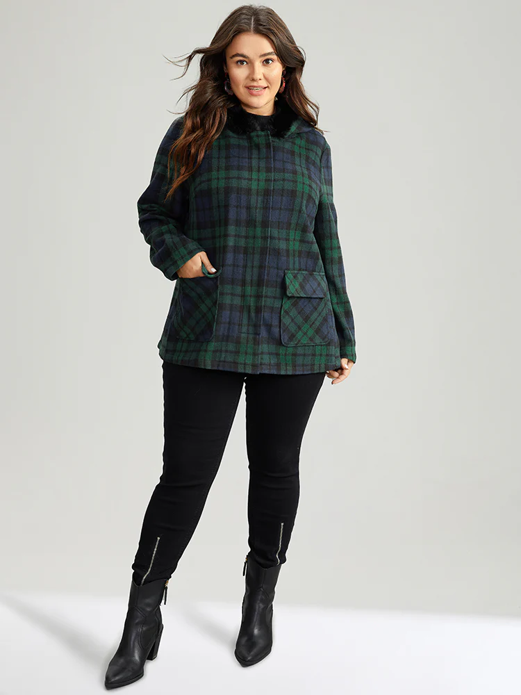 Plaid Button Fly Hooded Fuzzy Trim Coat - Image 4
