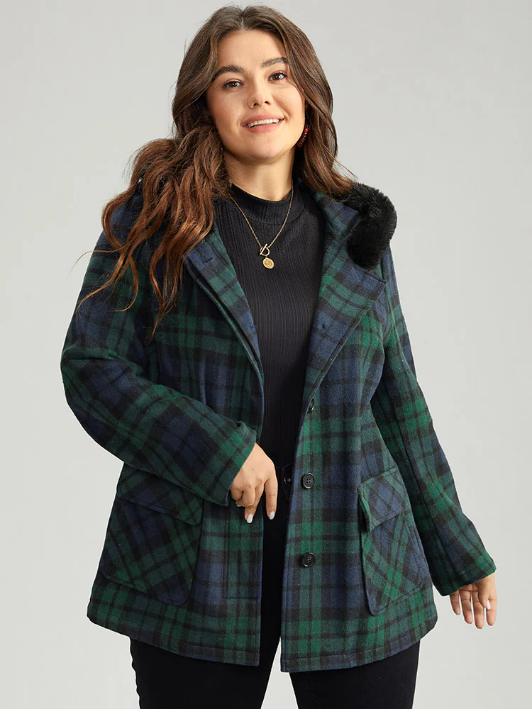 Plaid Button Fly Hooded Fuzzy Trim Coat - Image 5