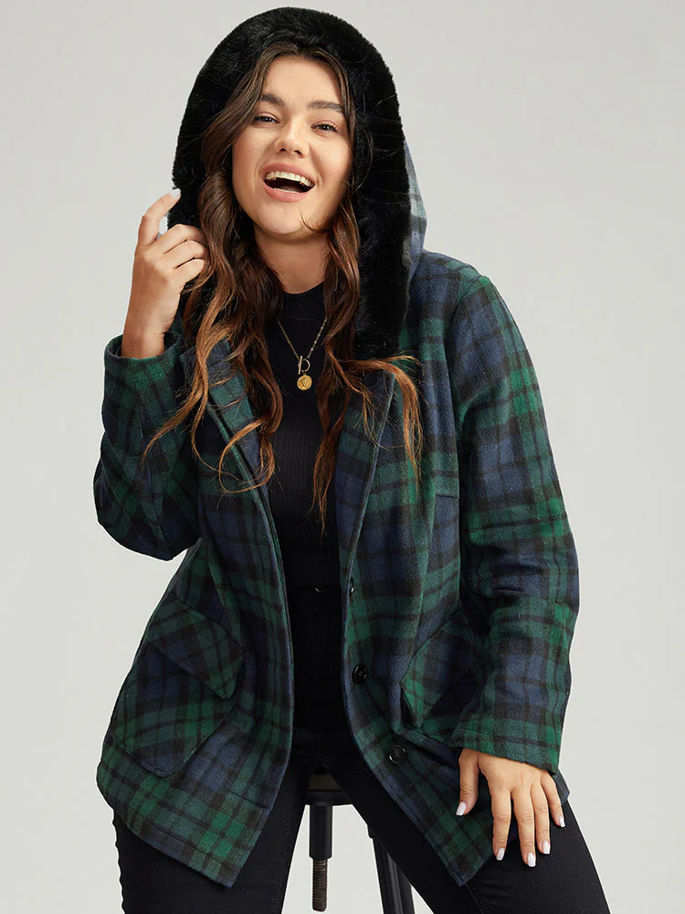 Plaid Button Fly Hooded Fuzzy Trim Coat - Image 6
