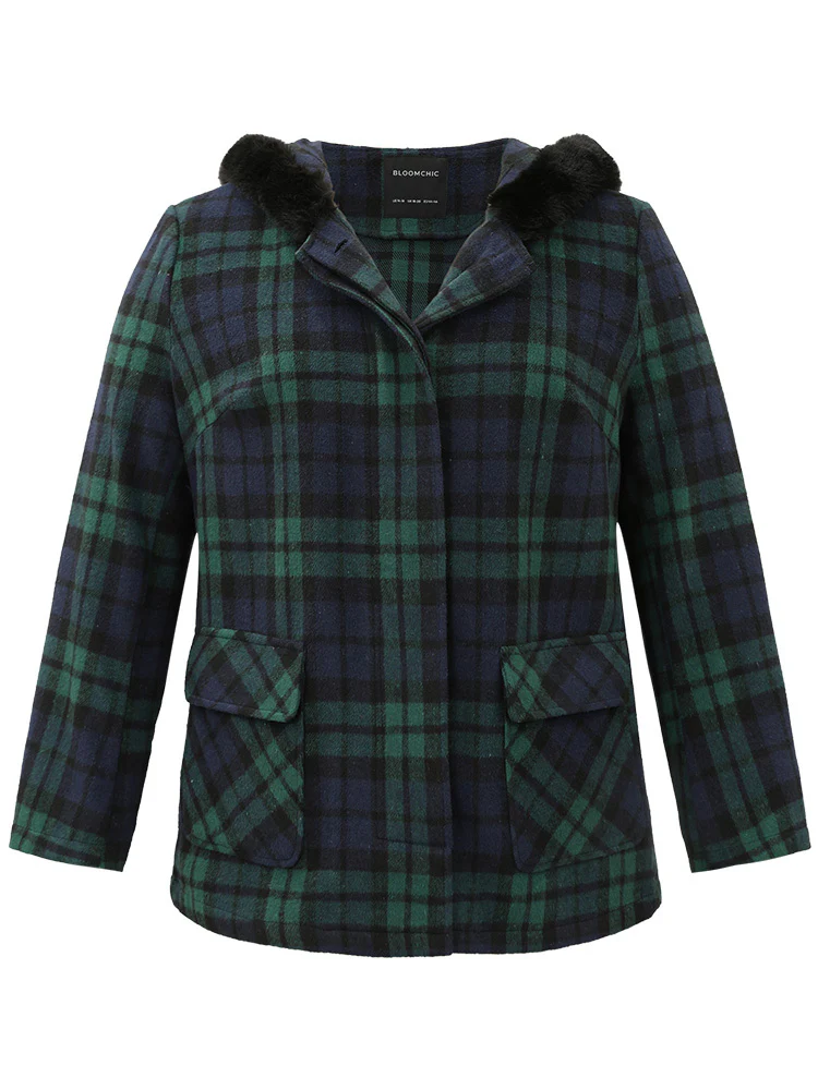 Plaid Button Fly Hooded Fuzzy Trim Coat - Image 9