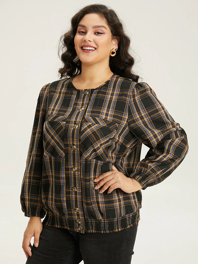 Plaid Button Through Elastic Hem Shacket - Image 3