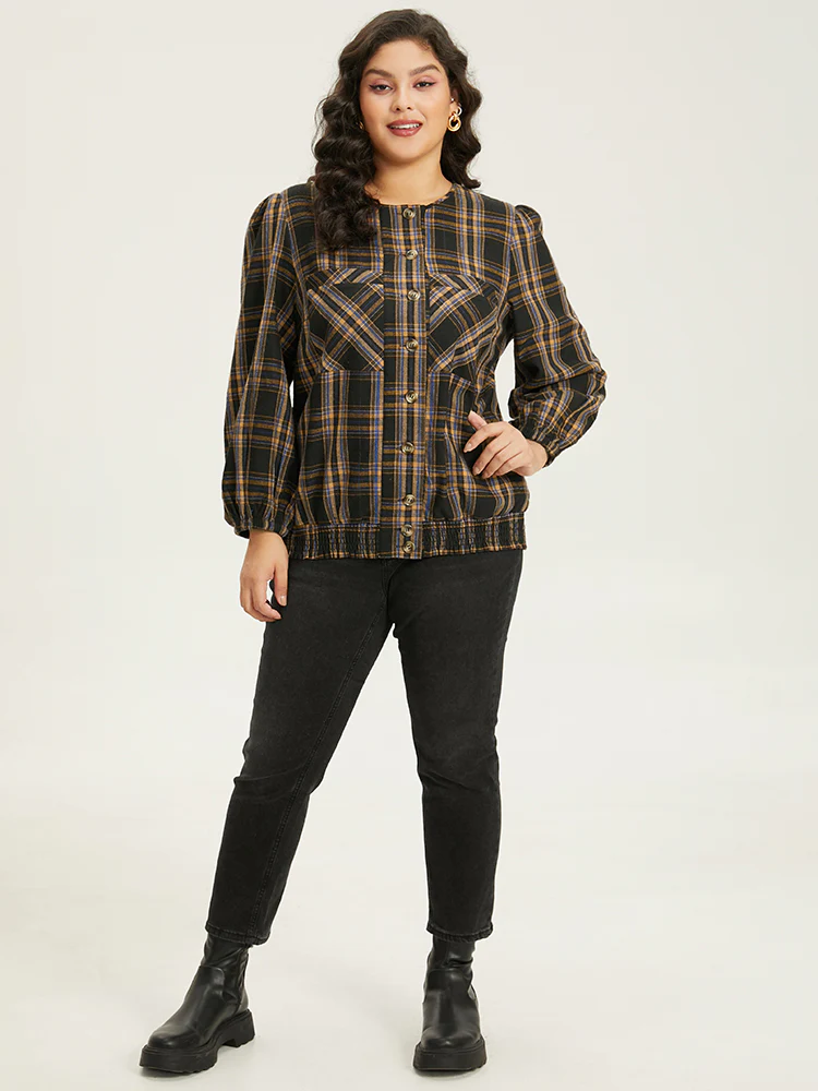 Plaid Button Through Elastic Hem Shacket - Image 4