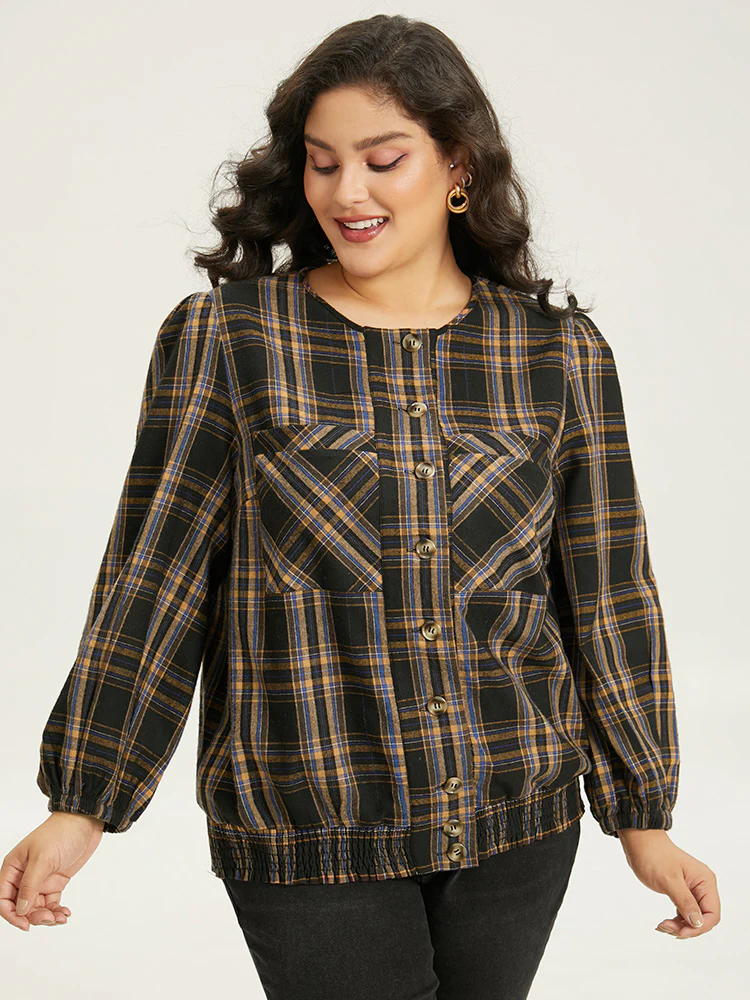 Plaid Button Through Elastic Hem Shacket - Image 5