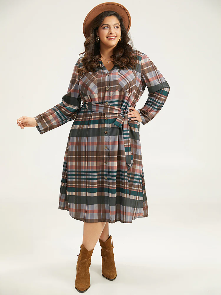 Plaid Button Through Patched Pocket Dress