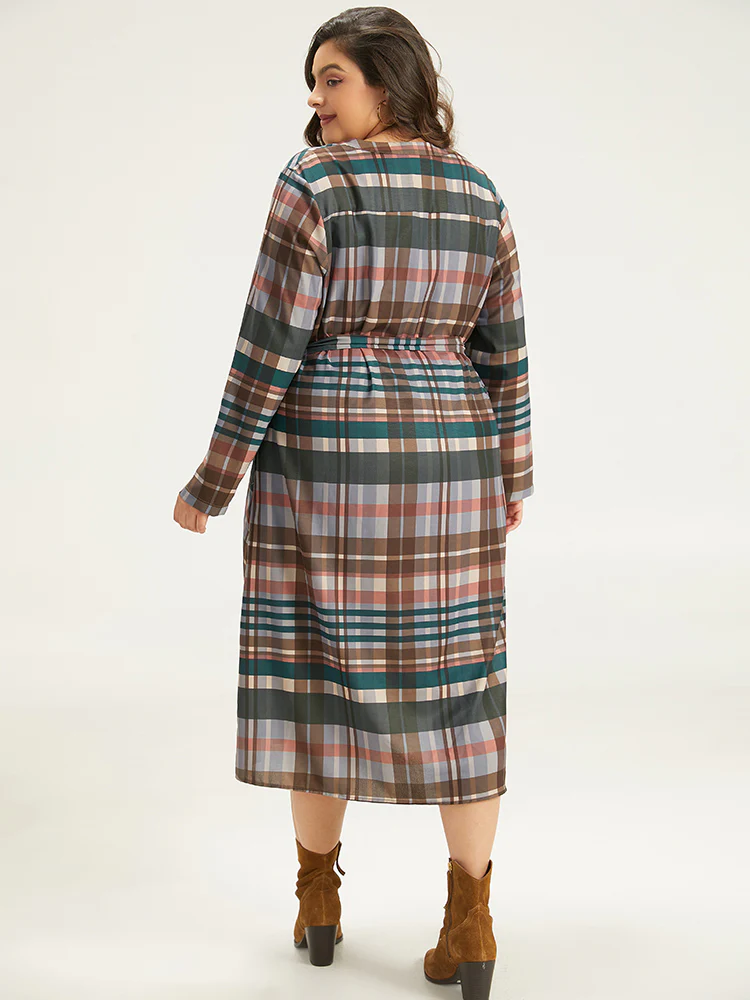 Plaid Button Through Patched Pocket Dress - Image 3