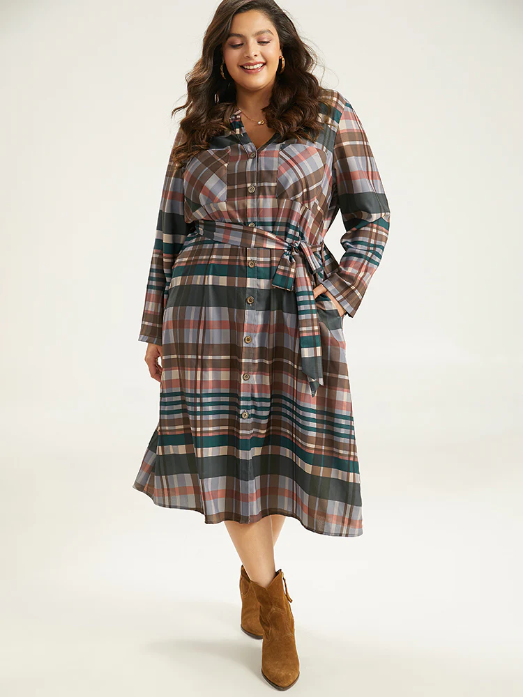 Plaid Button Through Patched Pocket Dress - Image 4