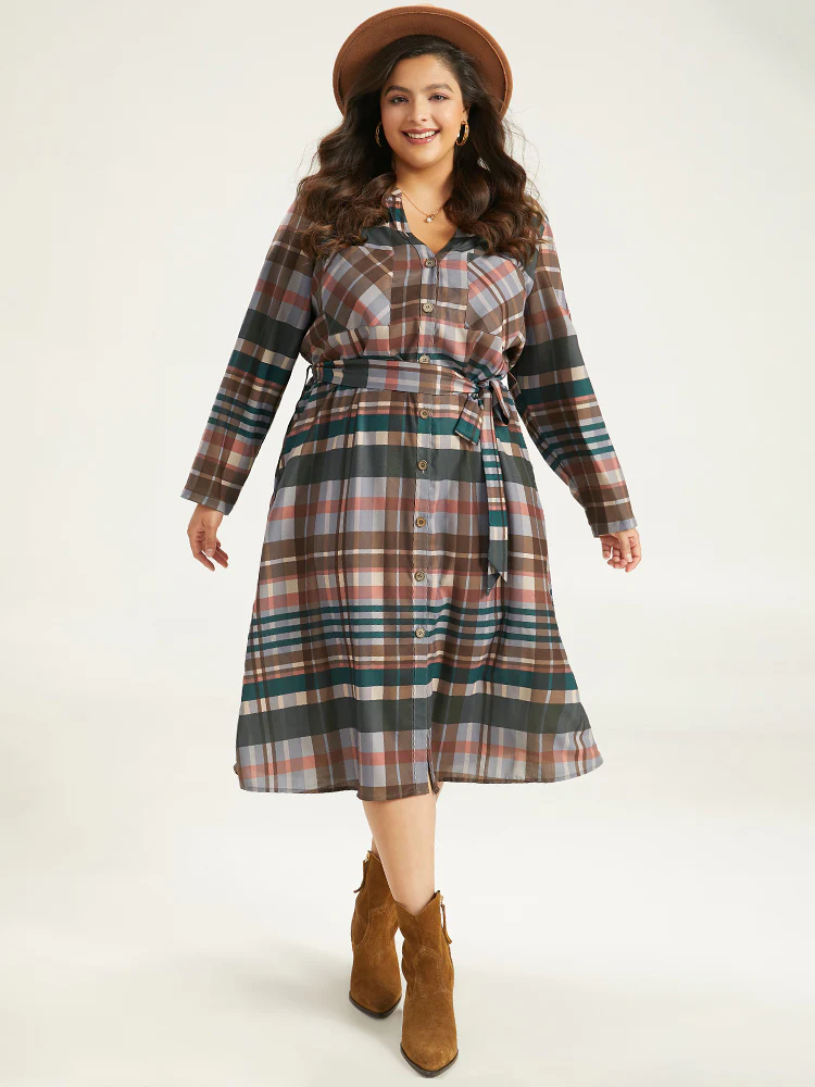 Plaid Button Through Patched Pocket Dress - Image 5