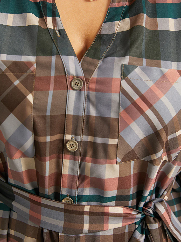 Plaid Button Through Patched Pocket Dress - Image 7