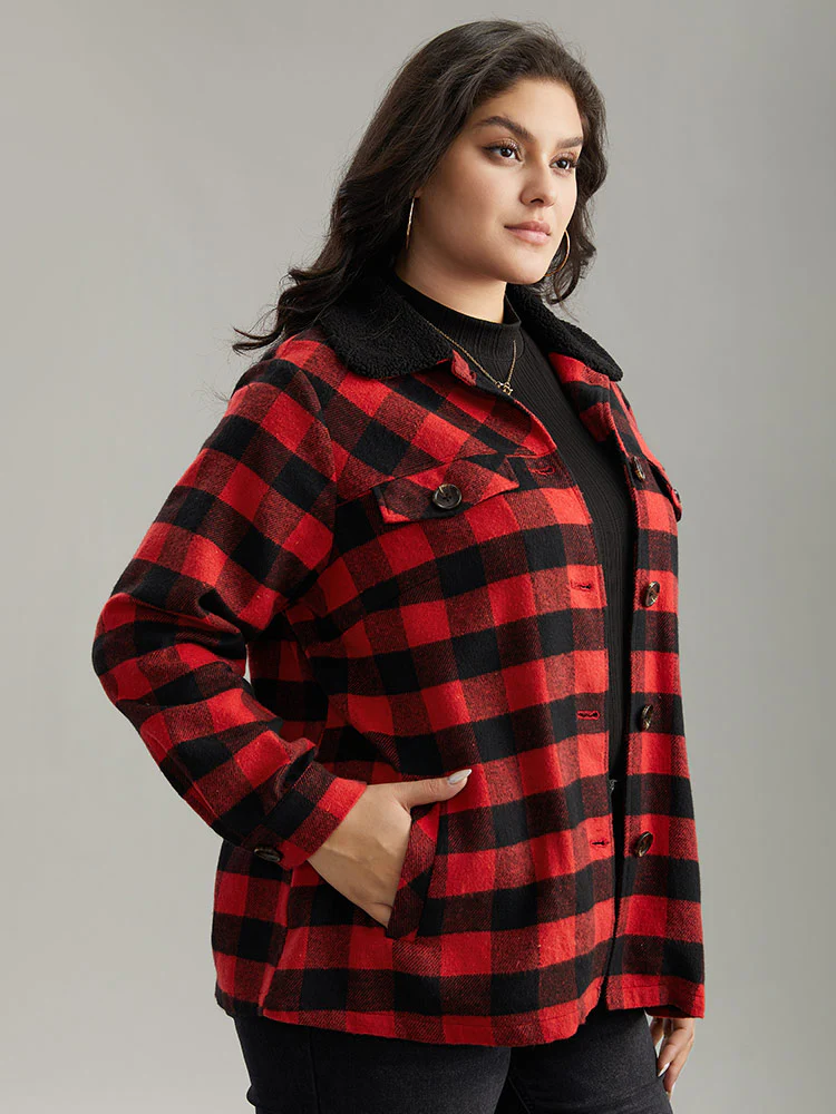 Plaid Button Through Patchwork Contrast Shacket - Image 3