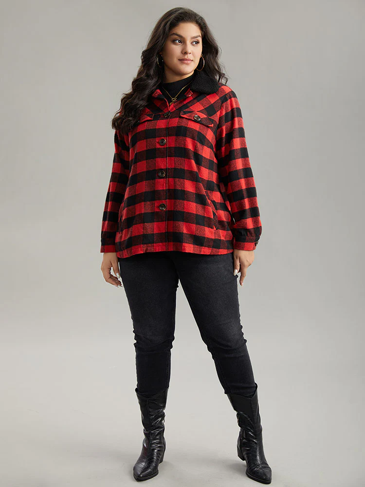 Plaid Button Through Patchwork Contrast Shacket - Image 4