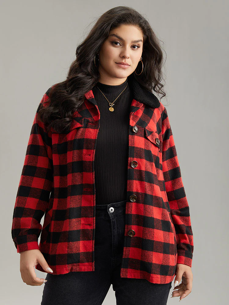 Plaid Button Through Patchwork Contrast Shacket - Image 5