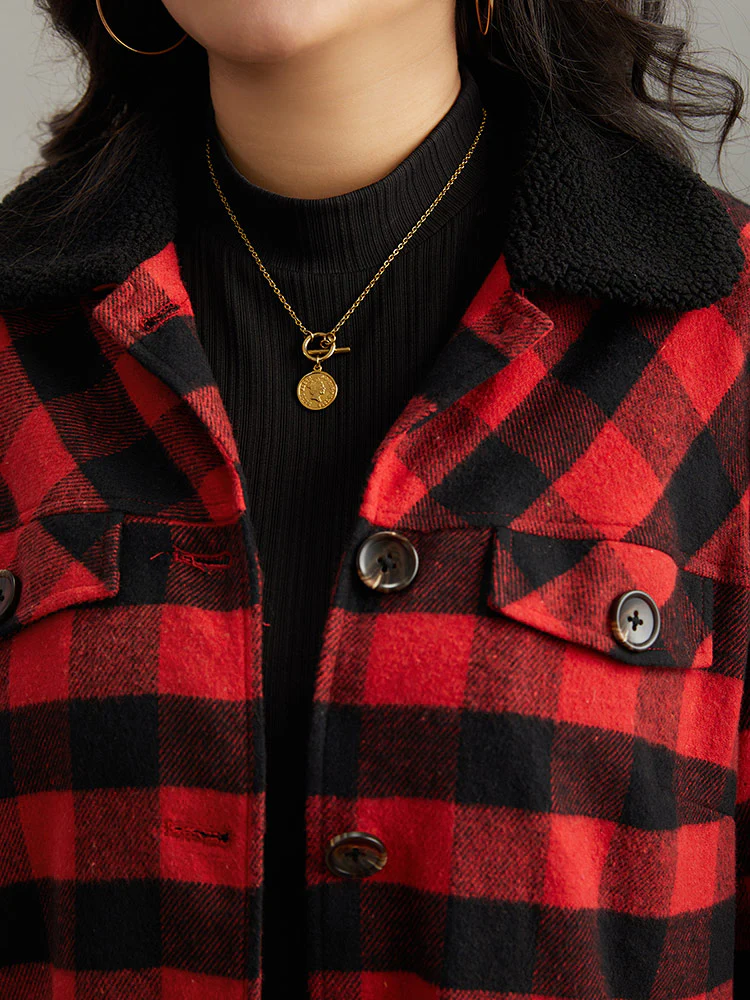 Plaid Button Through Patchwork Contrast Shacket - Image 6
