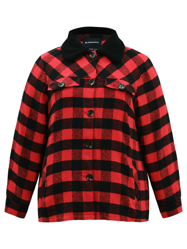 Plaid Button Through Patchwork Contrast Shacket - Image 8