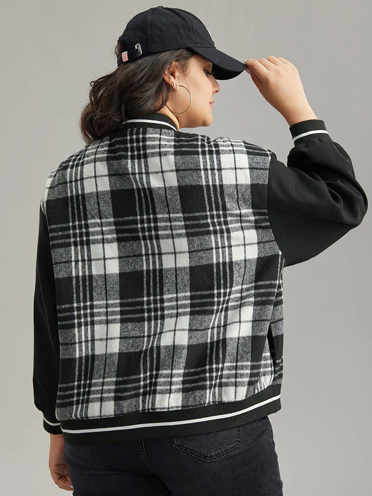 Plaid Button Through Pocket Baseball Collar Bomber Jacket - Image 2