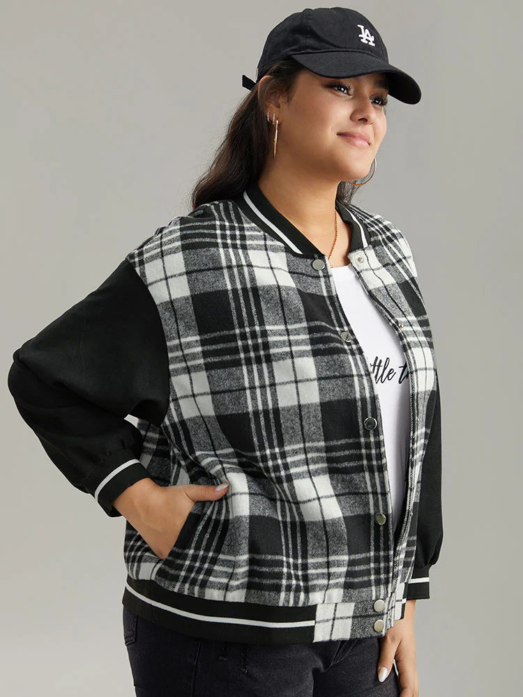 Plaid Button Through Pocket Baseball Collar Bomber Jacket - Image 3