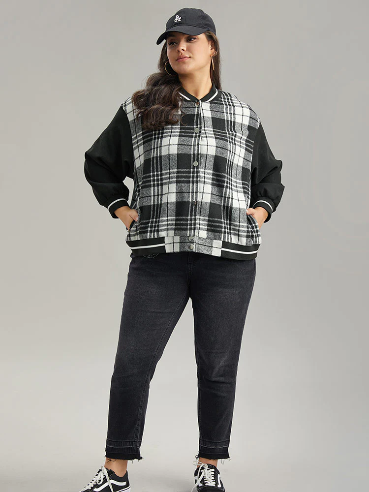 Plaid Button Through Pocket Baseball Collar Bomber Jacket - Image 4
