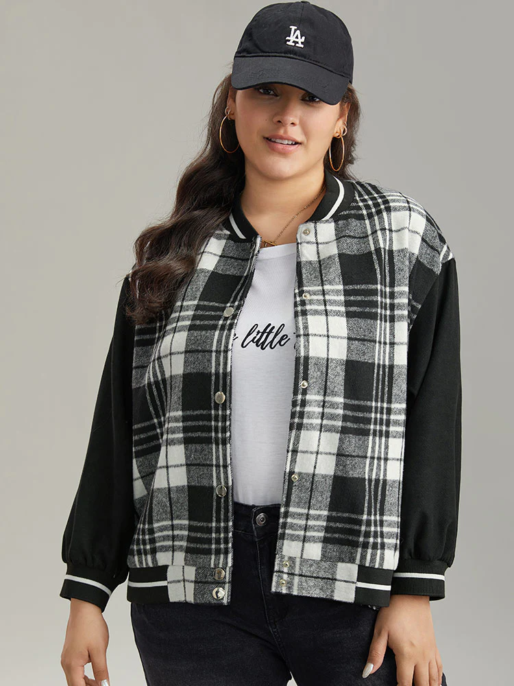 Plaid Button Through Pocket Baseball Collar Bomber Jacket - Image 5