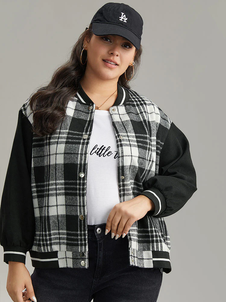 Plaid Button Through Pocket Baseball Collar Bomber Jacket - Image 6