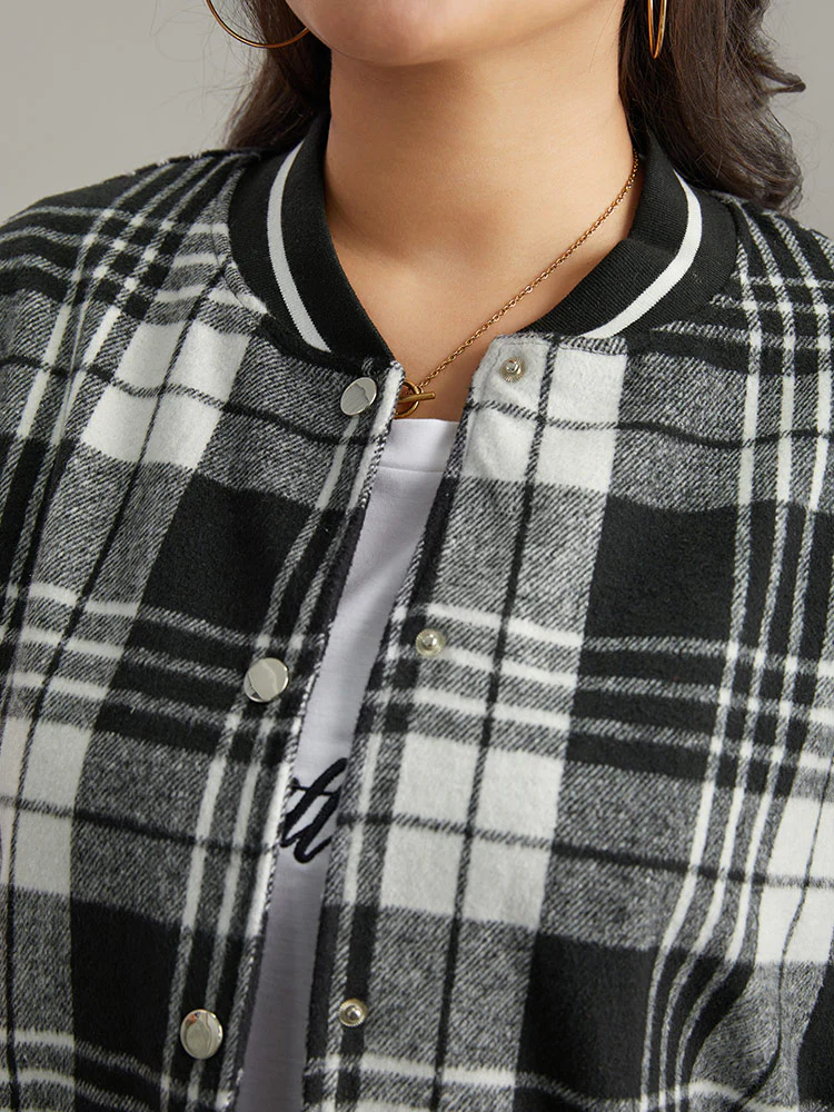 Plaid Button Through Pocket Baseball Collar Bomber Jacket - Image 7