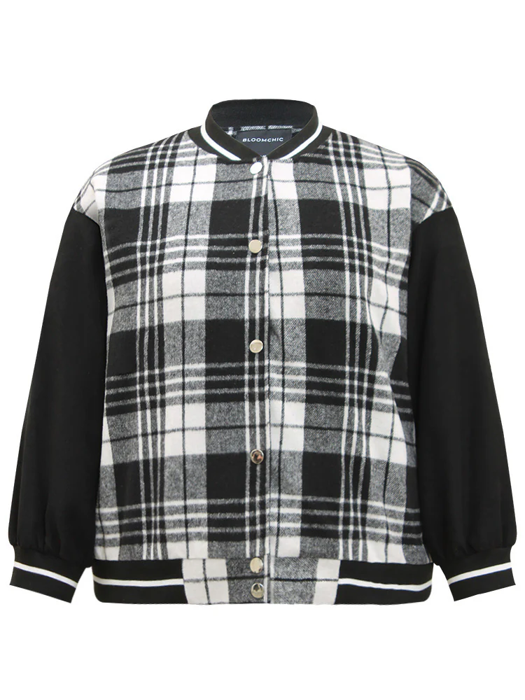 Plaid Button Through Pocket Baseball Collar Bomber Jacket - Image 9