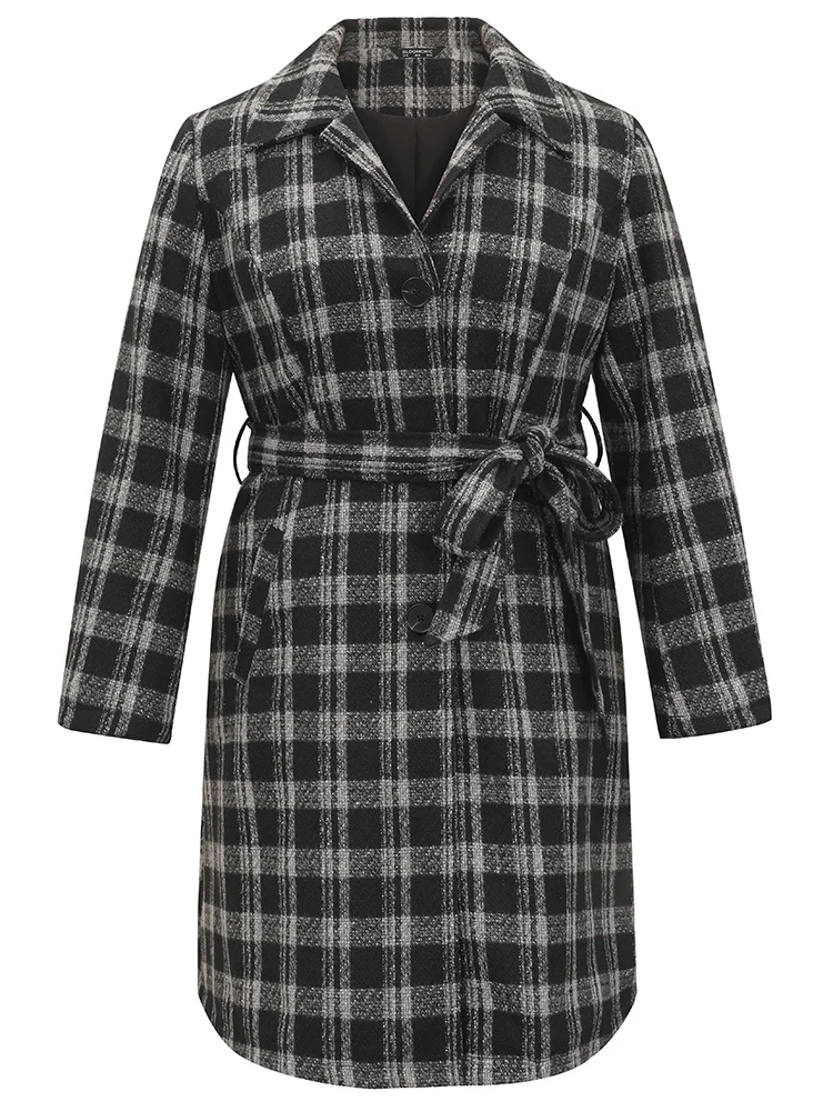 Plaid Button Up Belted Bowknot Maxi Coat - Image 6