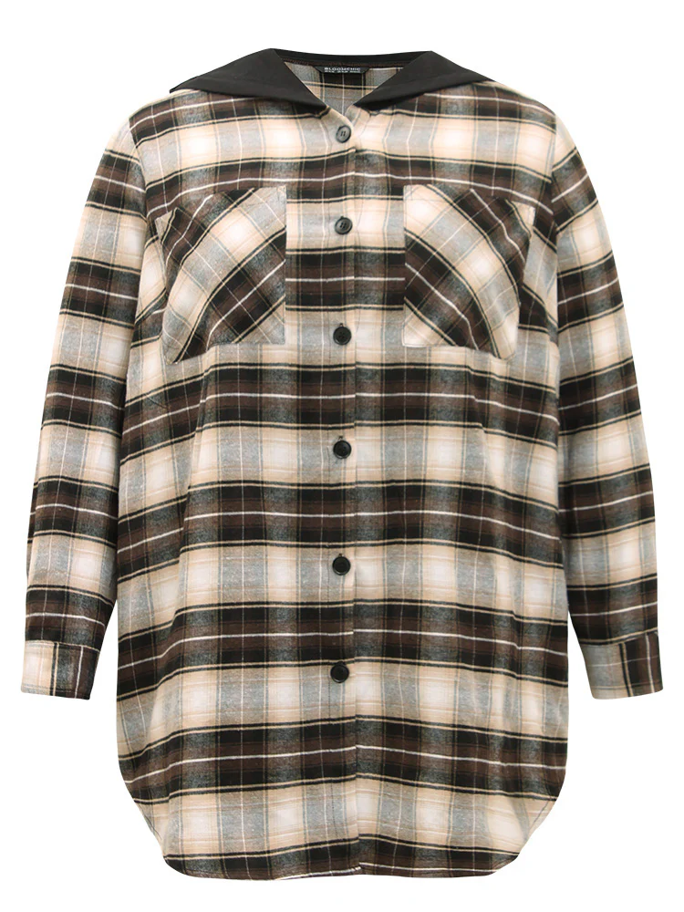 Plaid Button Up Hooded Patchwork Shacket - Image 10