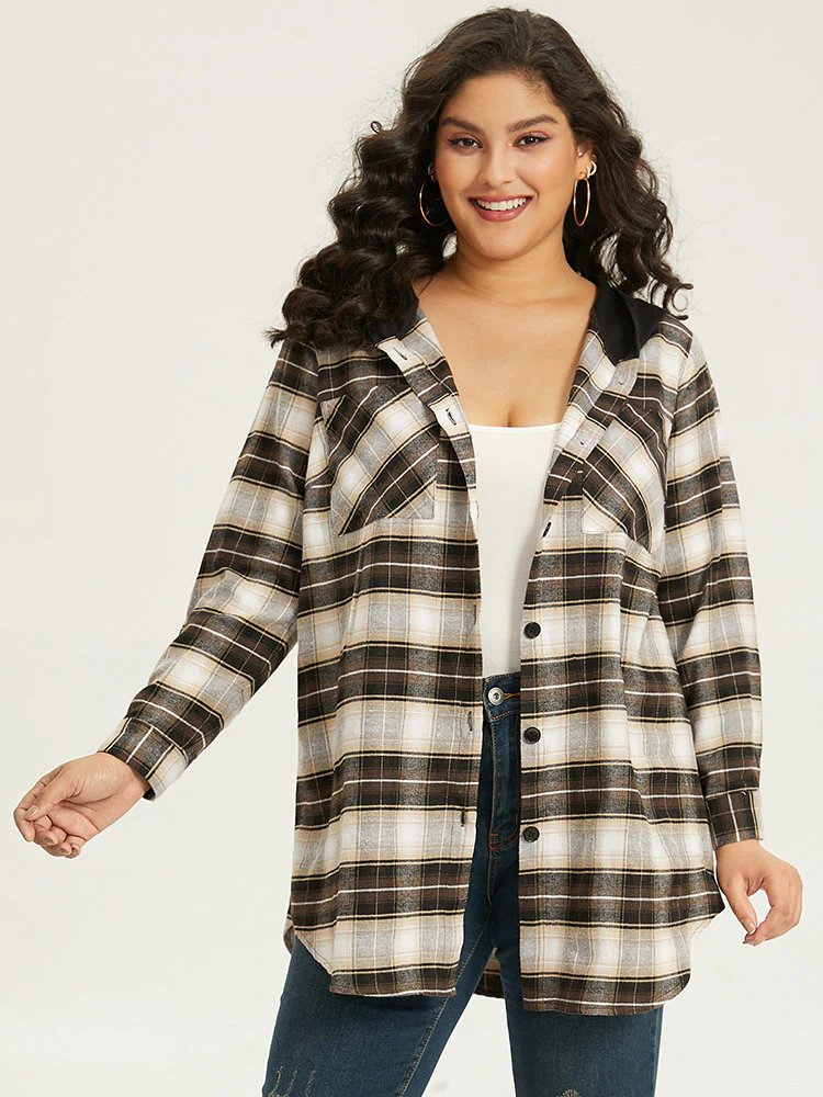 Plaid Button Up Hooded Patchwork Shacket - Image 2