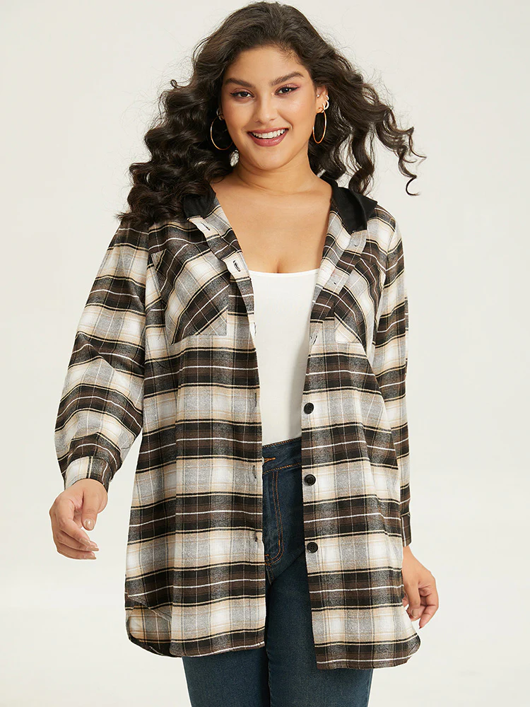 Plaid Button Up Hooded Patchwork Shacket - Image 4