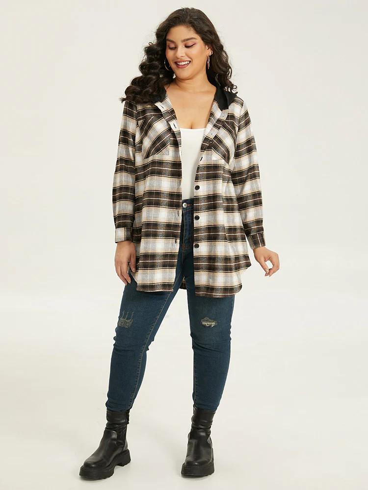 Plaid Button Up Hooded Patchwork Shacket - Image 5