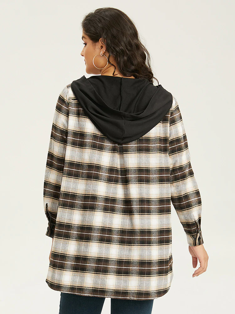 Plaid Button Up Hooded Patchwork Shacket - Image 6