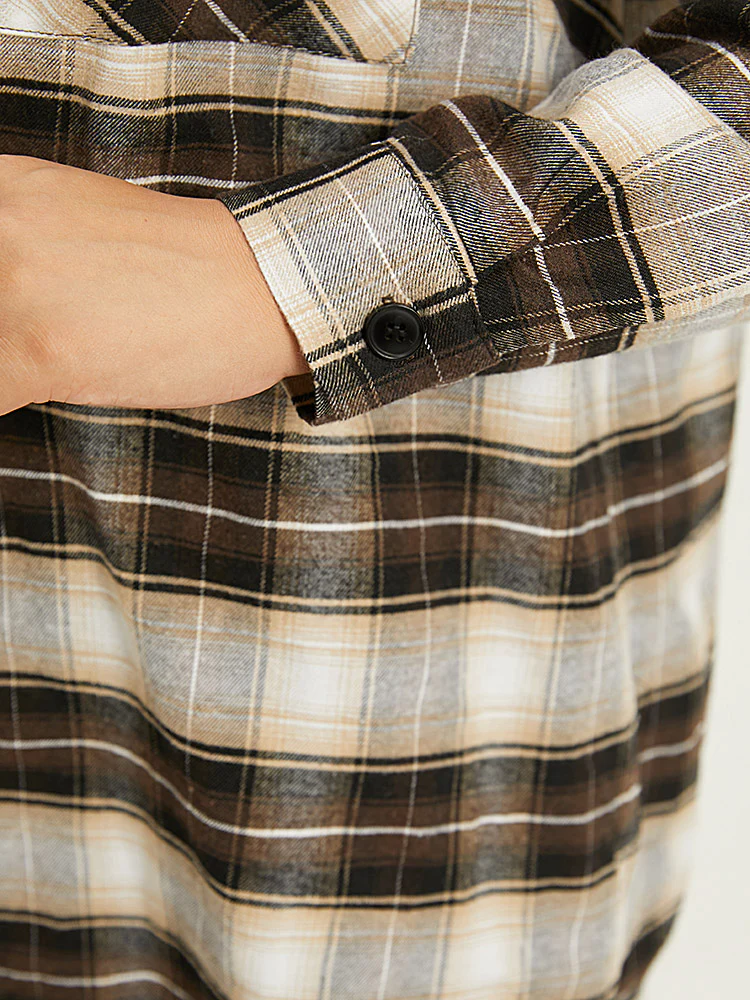 Plaid Button Up Hooded Patchwork Shacket - Image 8