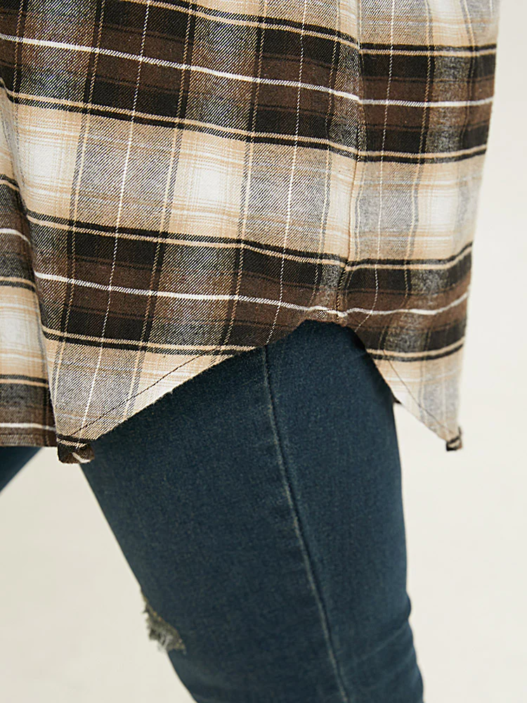 Plaid Button Up Hooded Patchwork Shacket - Image 9
