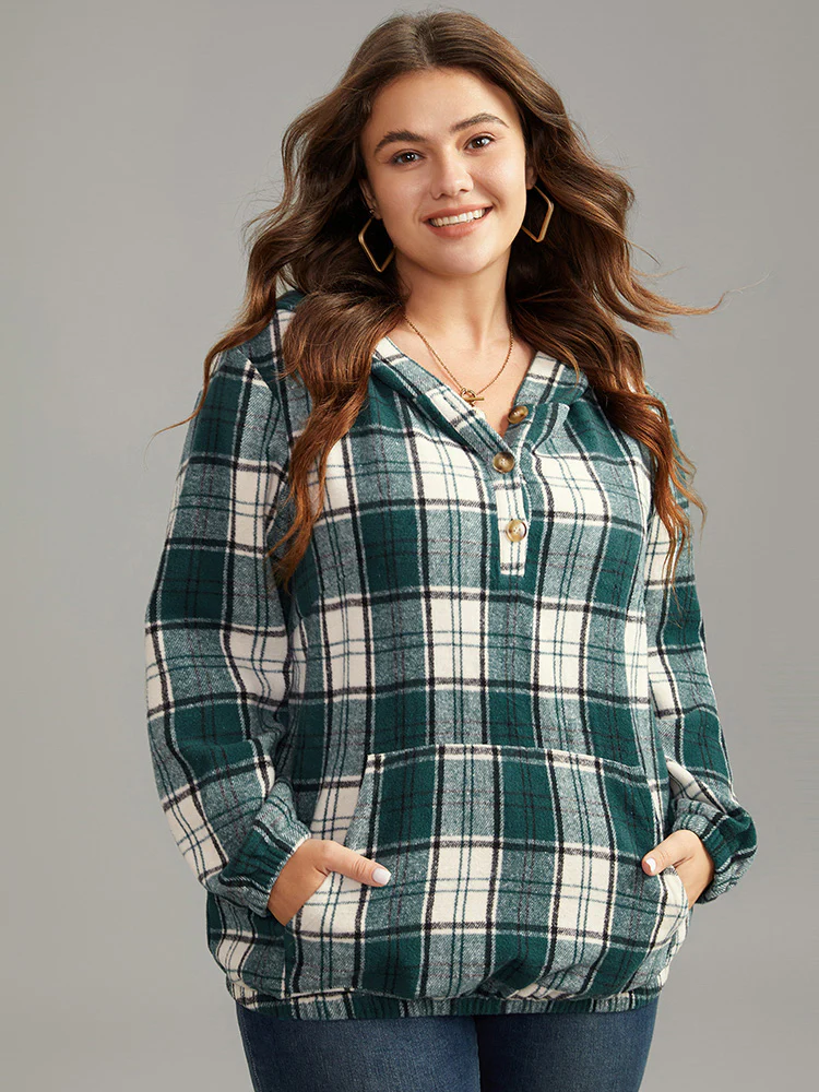 Plaid Button Up Hooded Pocket Sweatshirt