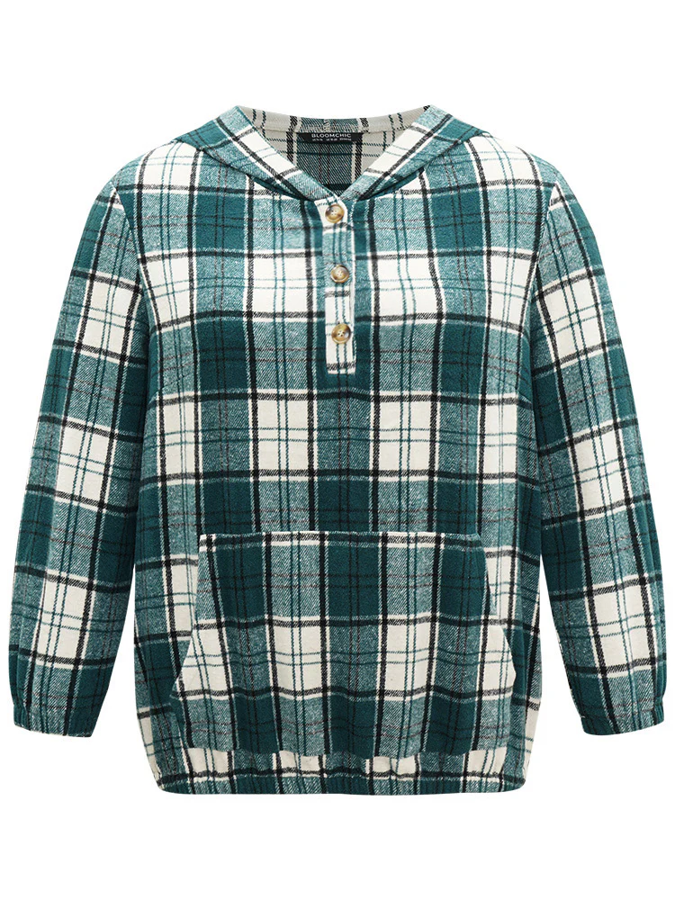 Plaid Button Up Hooded Pocket Sweatshirt - Image 10