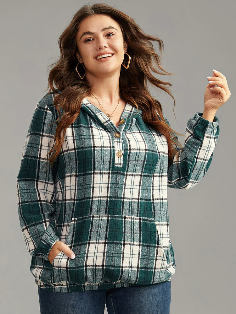 Plaid Button Up Hooded Pocket Sweatshirt - Image 2