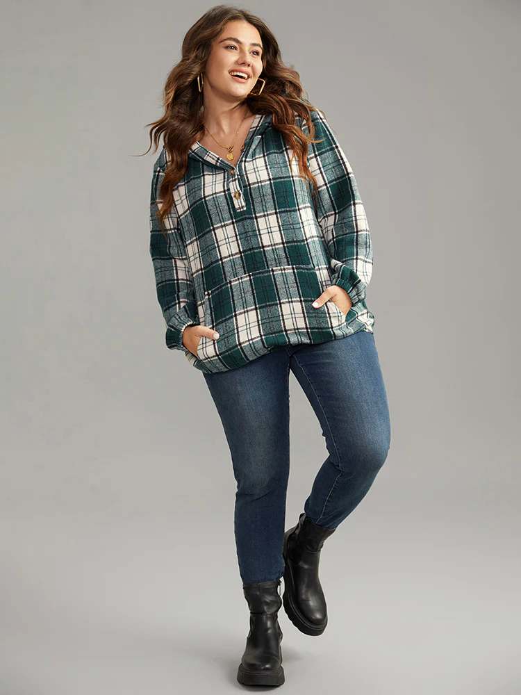 Plaid Button Up Hooded Pocket Sweatshirt - Image 4
