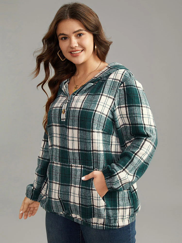 Plaid Button Up Hooded Pocket Sweatshirt - Image 5