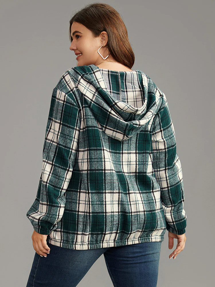 Plaid Button Up Hooded Pocket Sweatshirt - Image 6