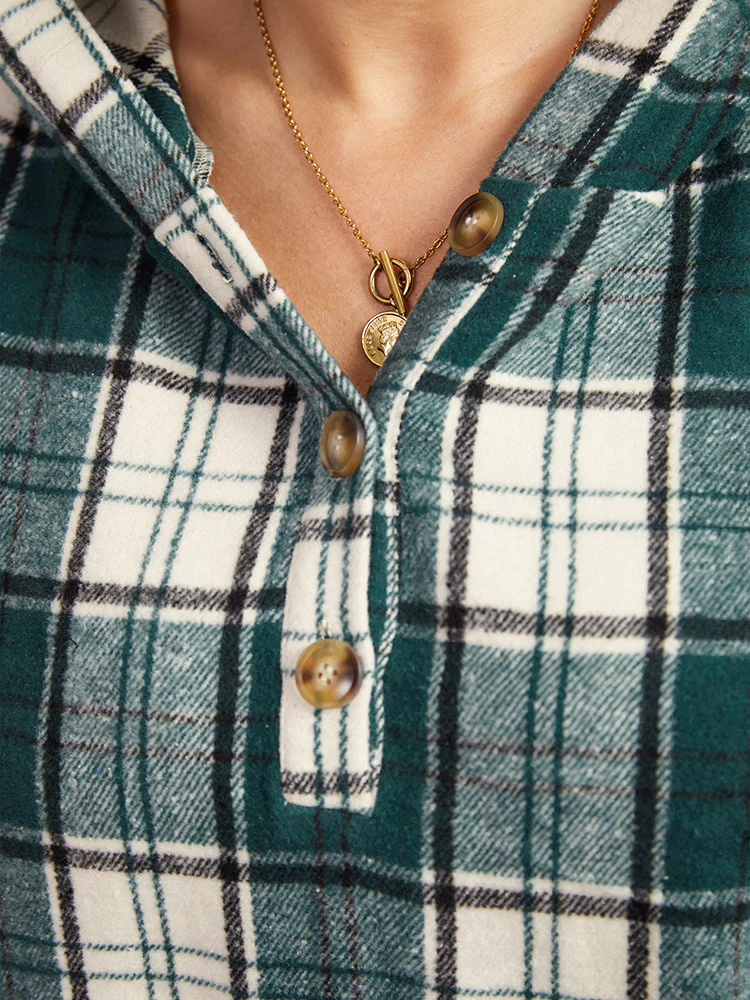 Plaid Button Up Hooded Pocket Sweatshirt - Image 7