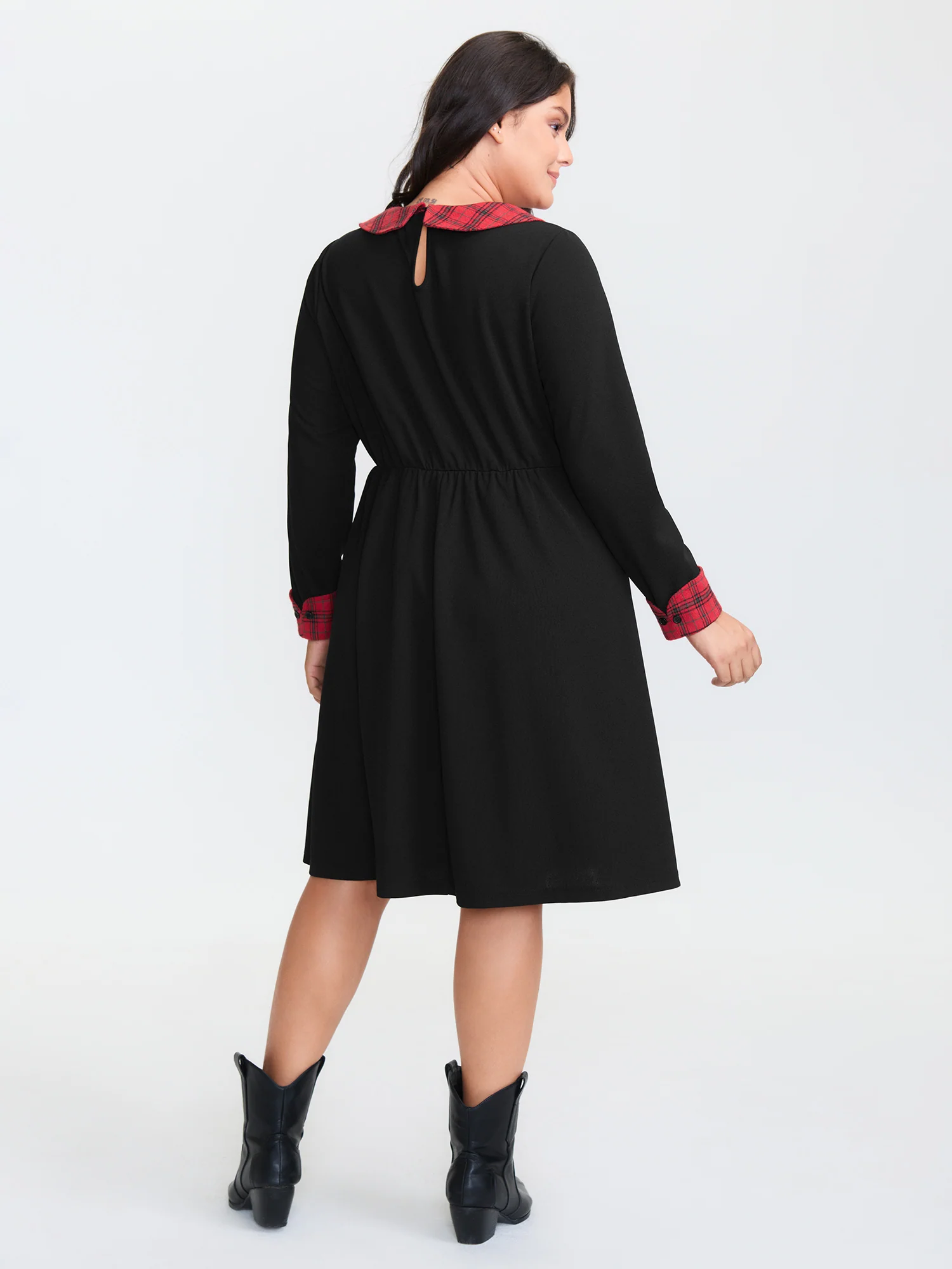 Plaid Collar Pleated Stretchy Waist Midi Dress - Image 10