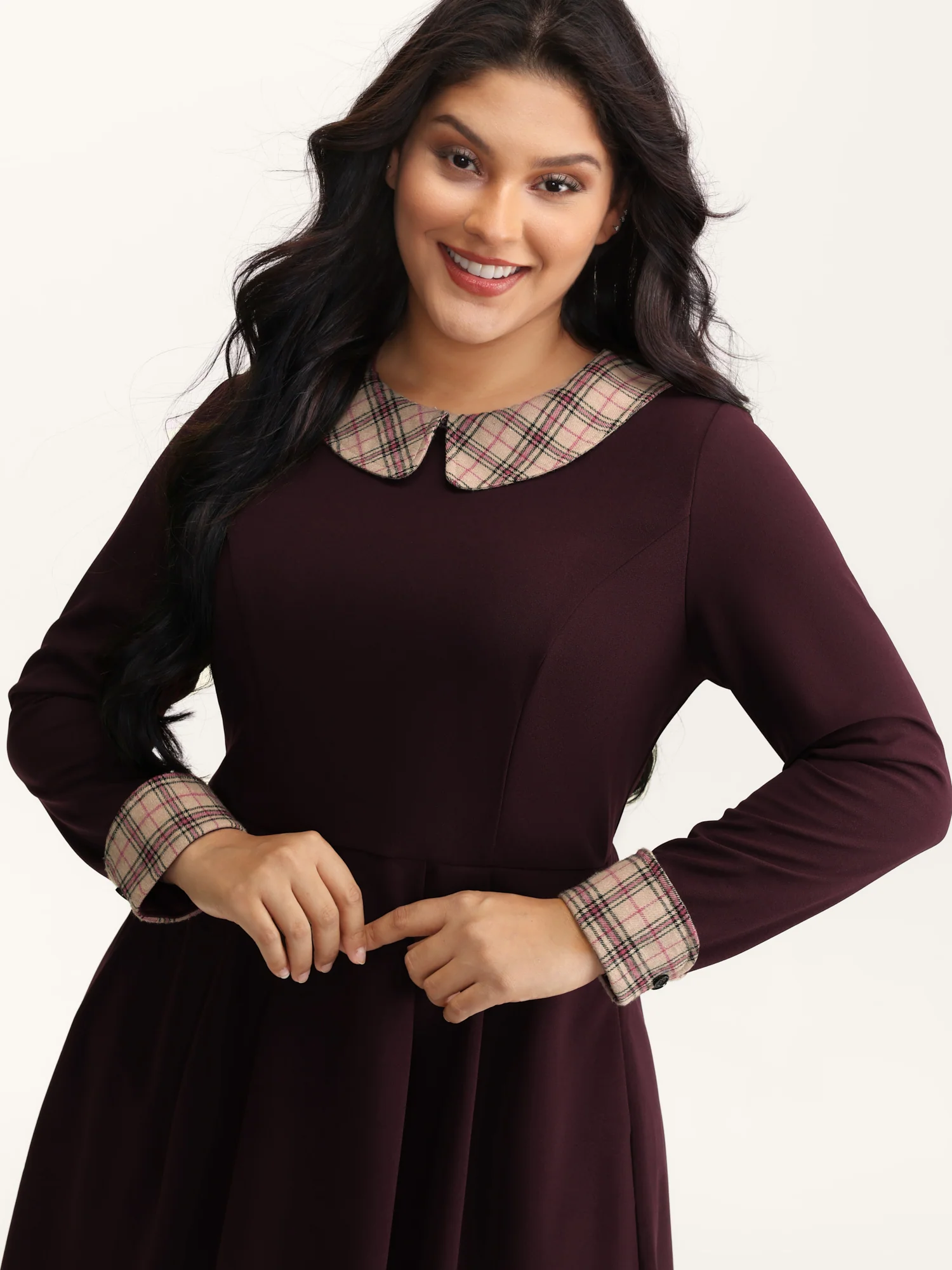 Plaid Collar Pleated Stretchy Waist Midi Dress - Image 2
