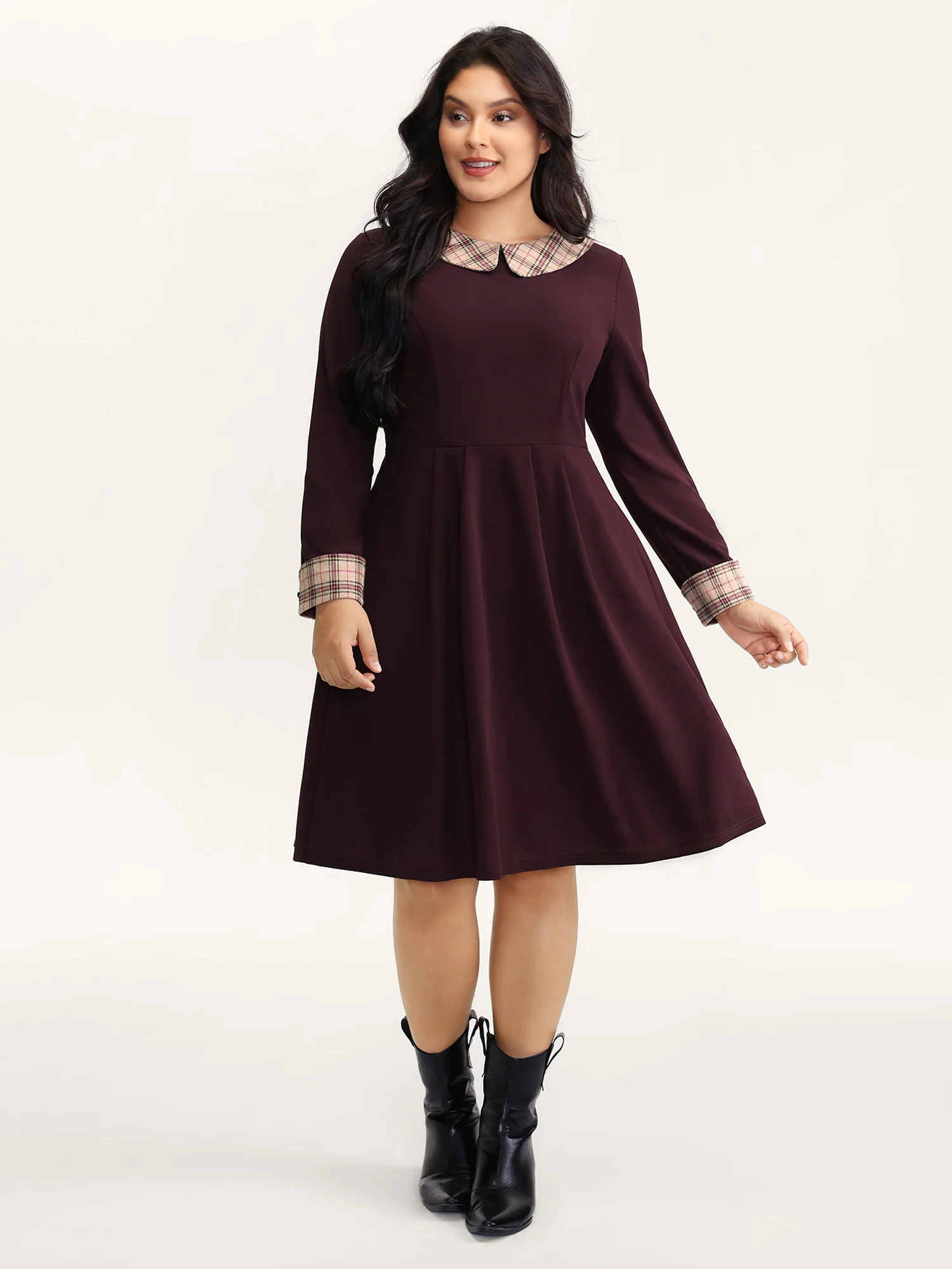 Plaid Collar Pleated Stretchy Waist Midi Dress - Image 3