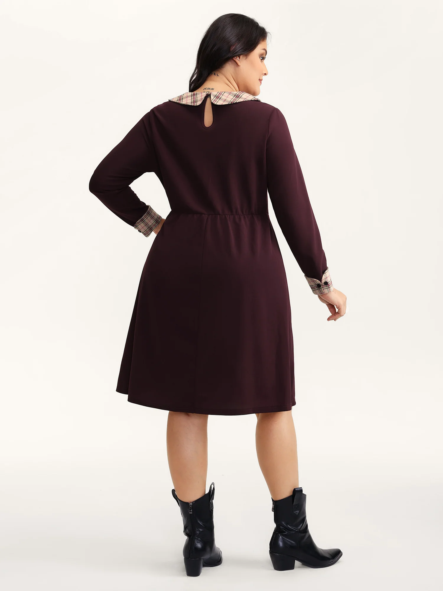 Plaid Collar Pleated Stretchy Waist Midi Dress - Image 4