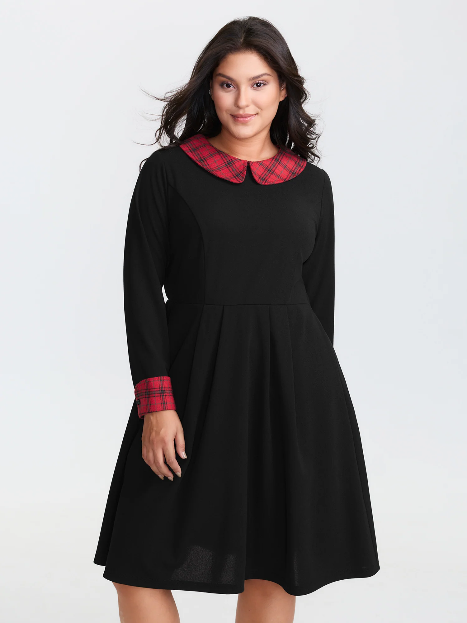 Plaid Collar Pleated Stretchy Waist Midi Dress - Image 7